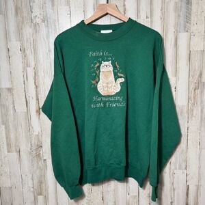 Vintage 90s Grandma‎ Cottage Green Cat Bird Embroidered Crewneck Sweatshirt XL